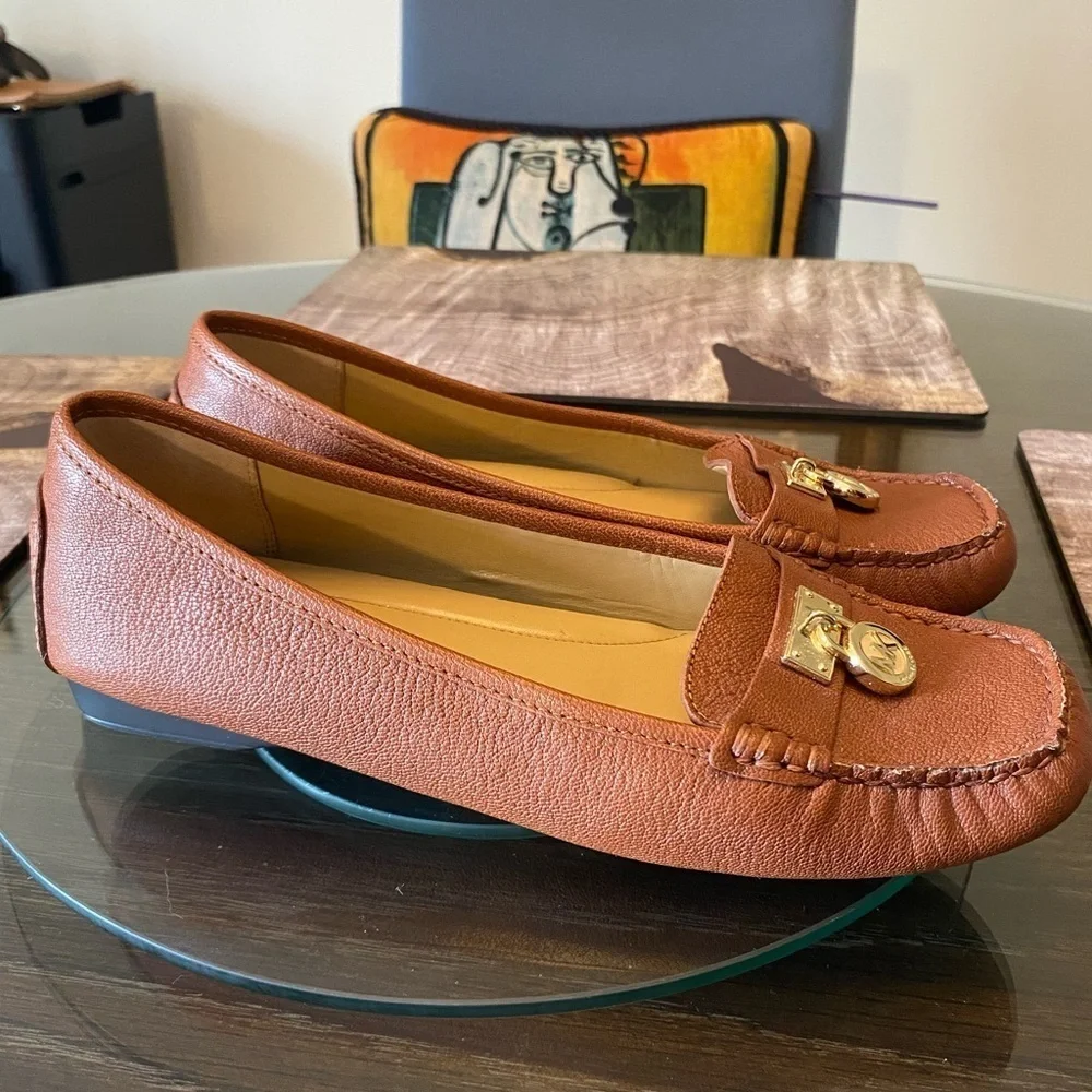 Michael Kors Brown Leather Loafers with Gold Accents